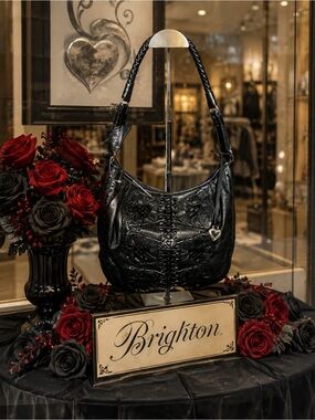 Brighton EUC Black Embossed Leather Shoulder Bag with Heart Charm